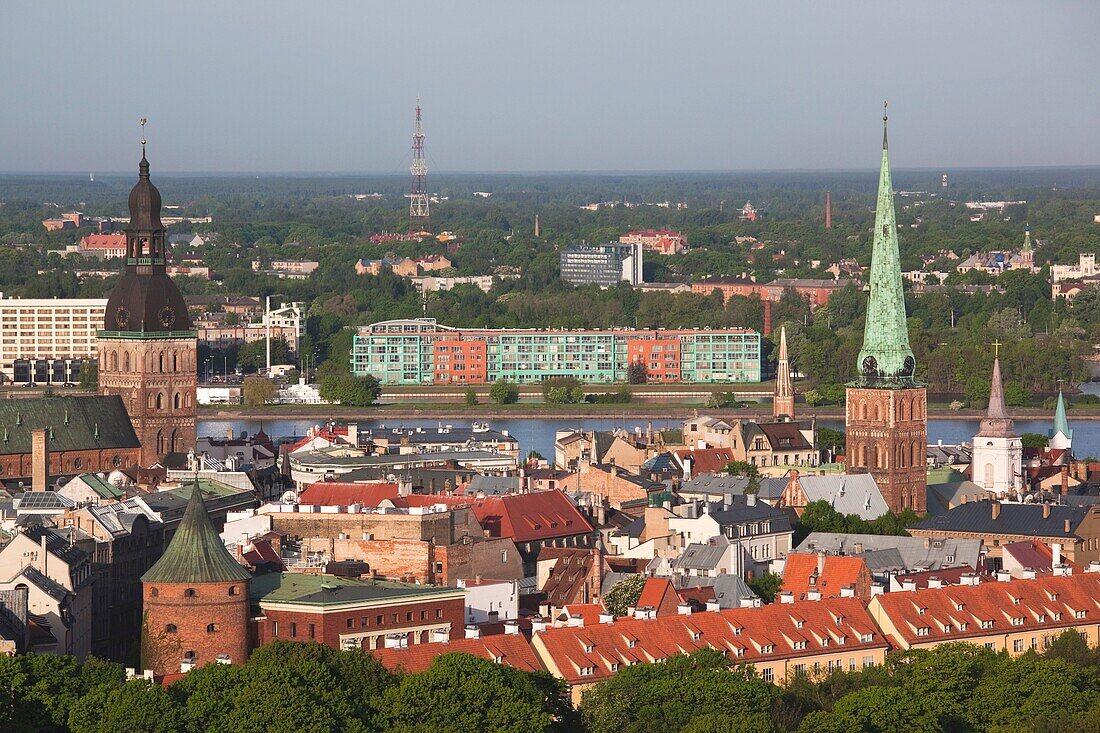 Latvia, Riga, elevated view of Old Riga, Vecriga, morning