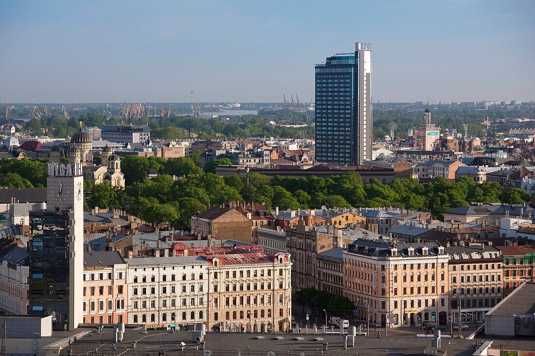 Latvia, Riga, Vecriga, Old Riga, elevated city view towards Hotel Latvija, from Academy of Sciences building, morning