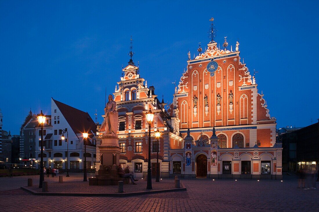 Latvia, Riga, Vecriga, Old Riga, Blackheads,  House, b 1344, exterior, evening