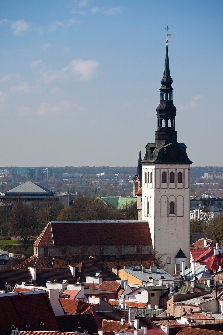 Estonia, Tallinn, Old Town, elevated view of St Nicholas Church from St Olaf's Church Tower