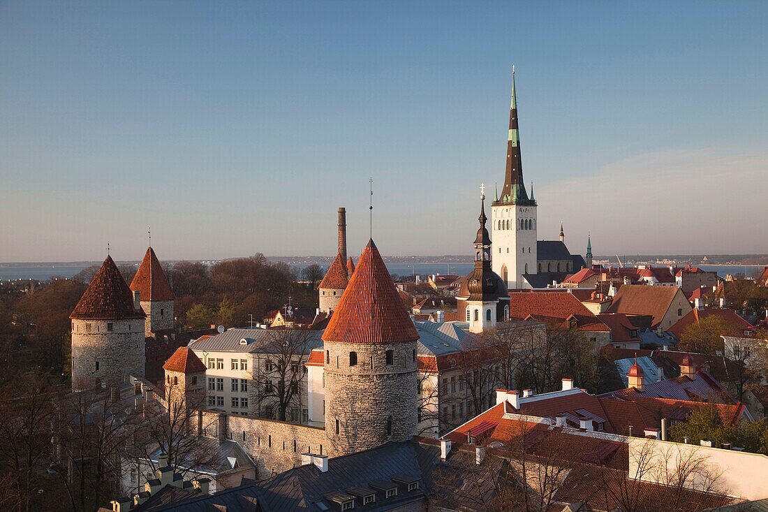 Estonia, Tallinn, Toompea area, elevated view of Old Town, sunset