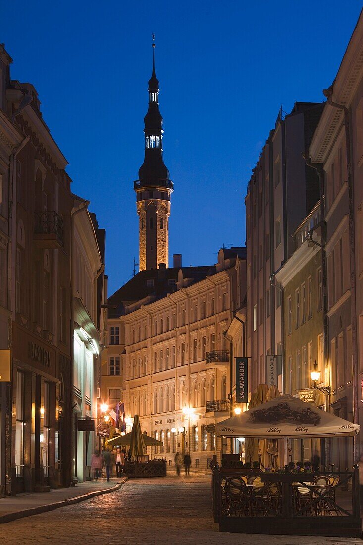 Estonia, Tallinn, Old Town, Town Hall from Viru Street, evening