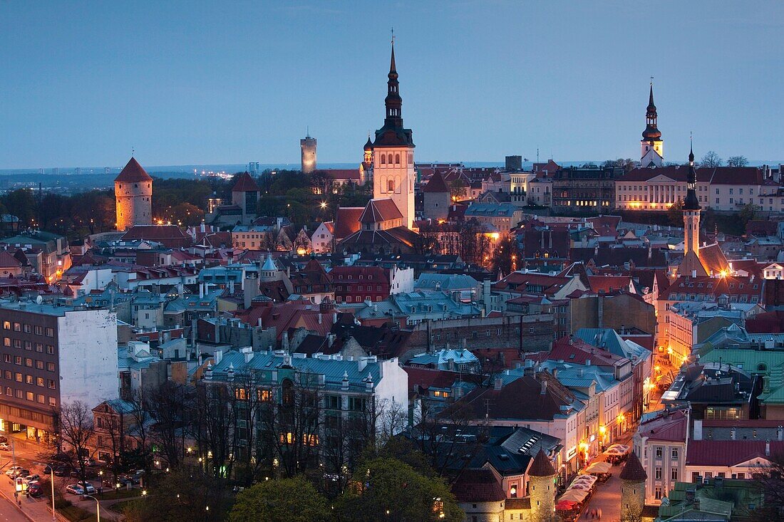 Estonia, Tallinn, Old Town, elevated view over Viru Street, dusk