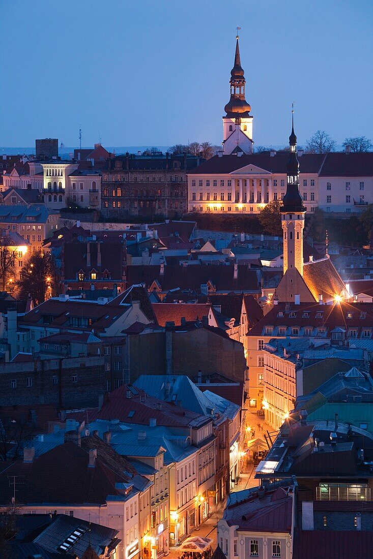 Estonia, Tallinn, Old Town, elevated view over Viru Street, dusk