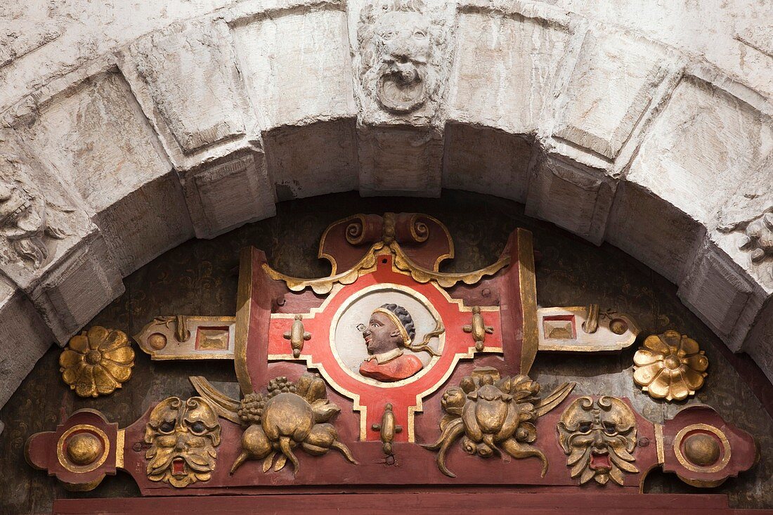 Estonia, Tallinn, Old Town, doorway of the Brotherhood of the Blackheads building, Pikk Street