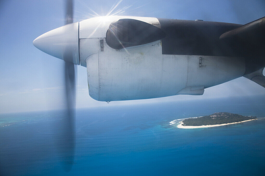 View from propeller driven airliner, Praslin island, Seychelles