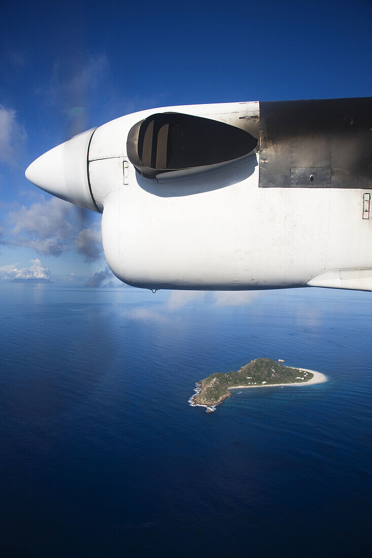 Indian Ocean from propeller-driven airliner, Praslin island, Seychelles