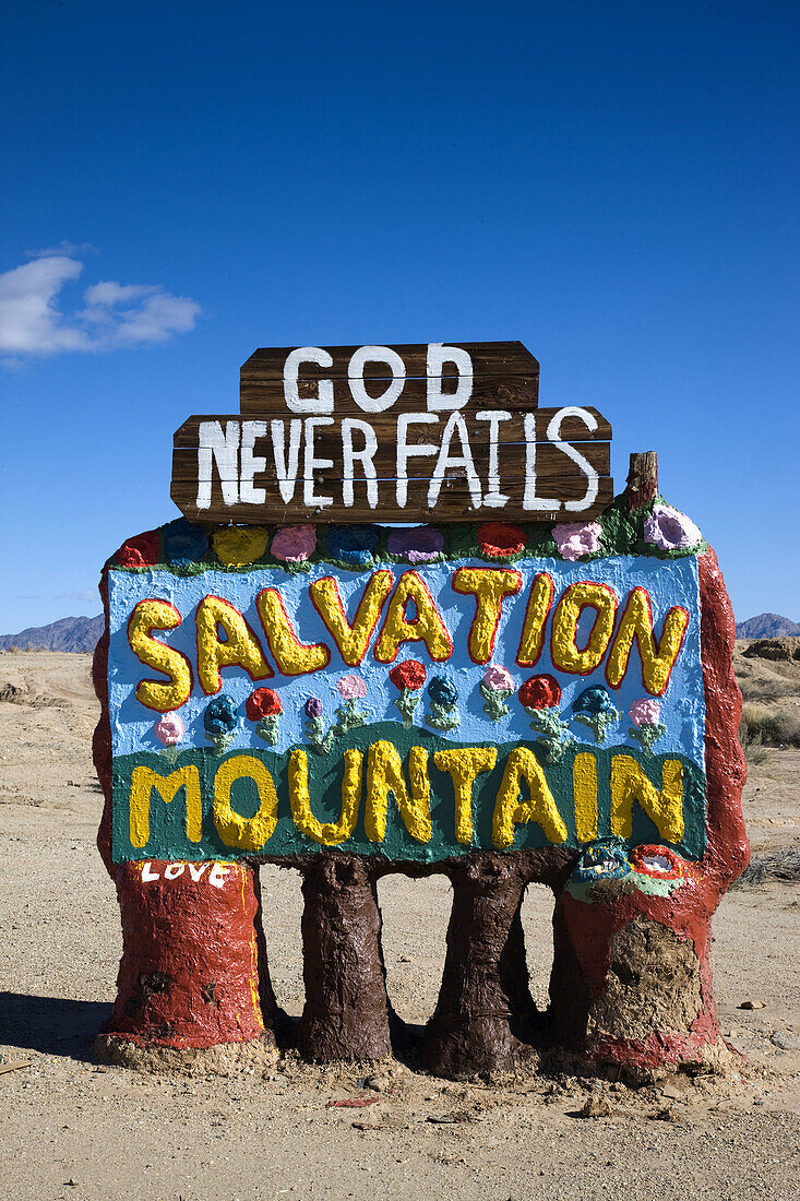 Salvation Mountain religious art project sign, Niland, California, USA