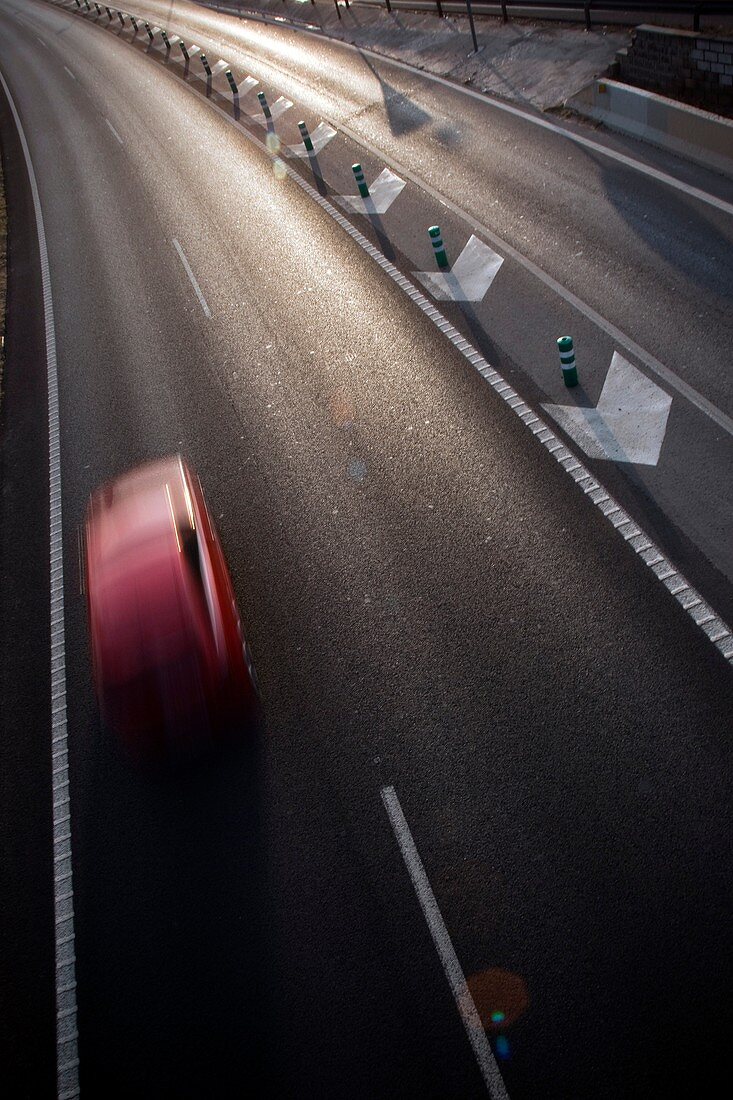 Red car, Road, Traffic signs, L55-1050044, agefotostock