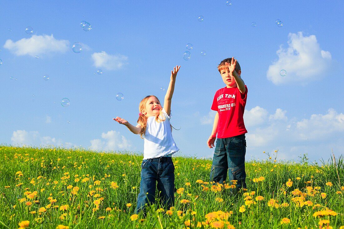 boy and girl playing with bubbles in field of Dandelions, Zuercher Oberland, Zuerich, Switzerland