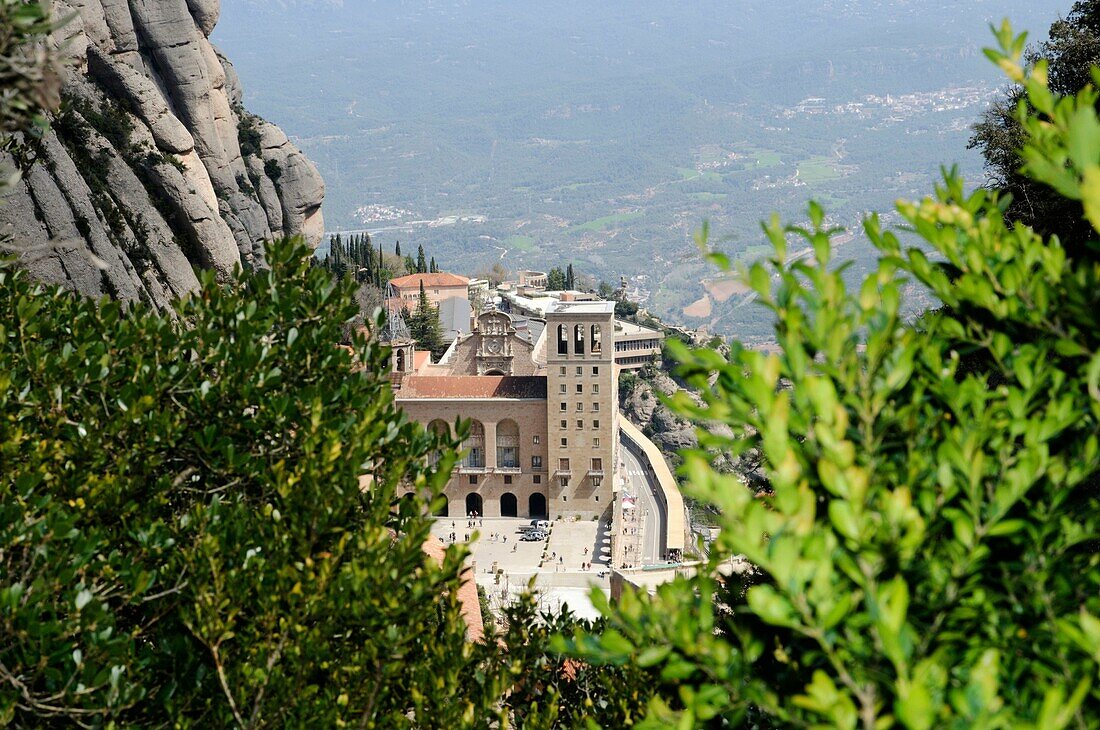 View of the main building of the sanctuary of Montserrat, religious center of Catalonia, Spain
