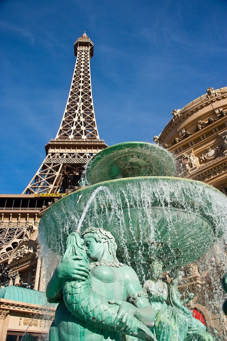 The famous Las Vegas strip with the Paris Hotel and Casino along Las Vegas Boulevard in Nevada