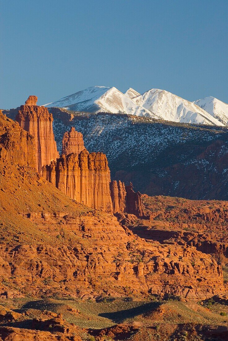 Fisher Towers and the snowcapped La Sal Mountains near Moab Utah