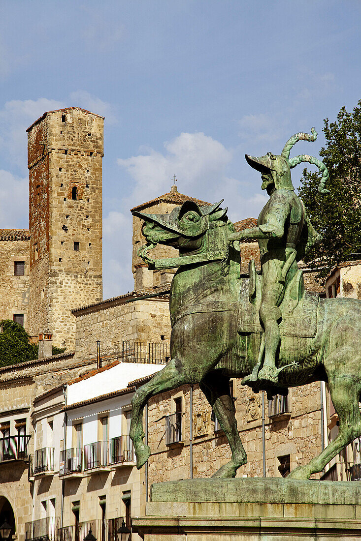 Equestrian monument to Francisco Pizarro and Main Square, Trujillo, Caceres province, Extremadura, Spain