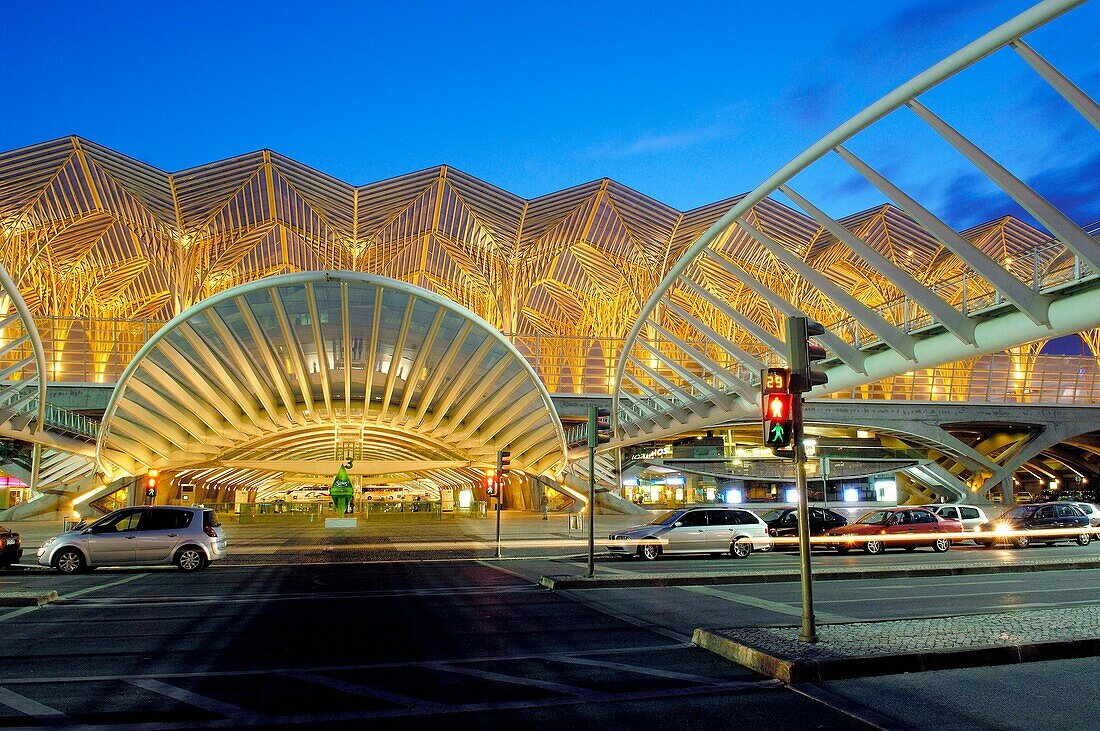 Oriente railway station by Santiago Calatrava at Dusk, Gare do Oriente at dusk Parque das Nações Lisbon, Portugal