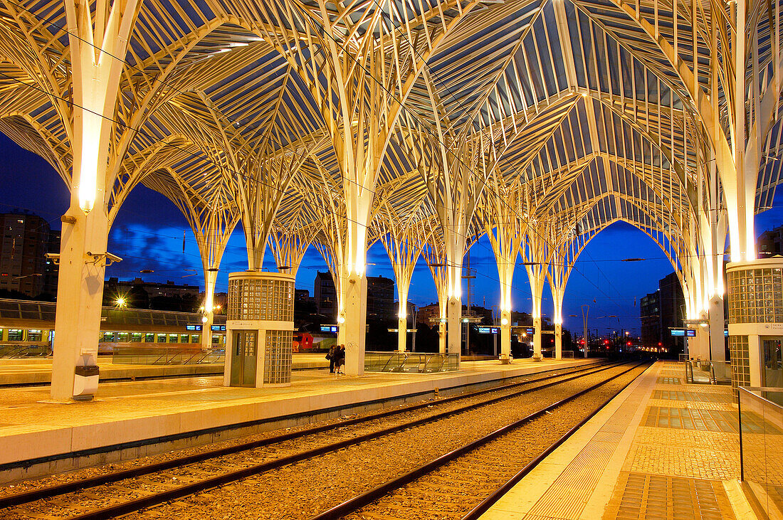 Oriente railway station by Santiago Calatrava at Dusk, Gare do Oriente at dusk Parque das Nações Lisbon, Portugal