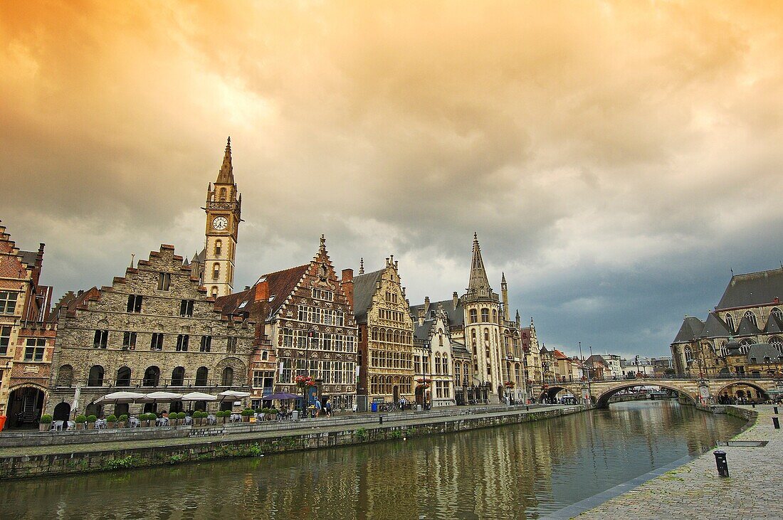 Water reflections from Guild Houses at Leie River Ghent Flanders, Belgium