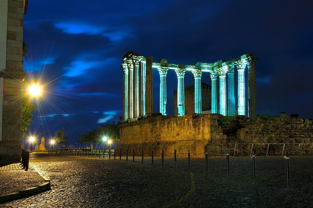 Ruins of Roman temple of Diana at dusk, Evora, Alentejo, Portugal