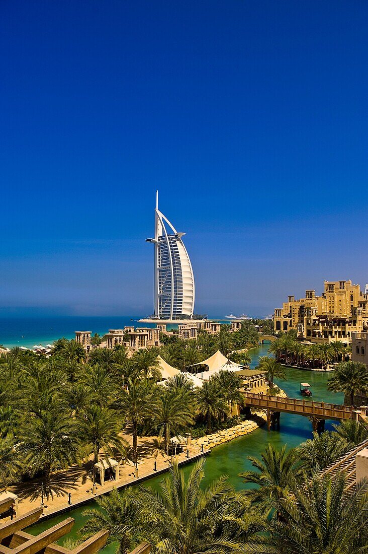View from the Al Qasr Hotel, part of the Madinat Jumeirah resort complex, to the Burj al Arab Hotel, Dubai, United Arab Emirates
