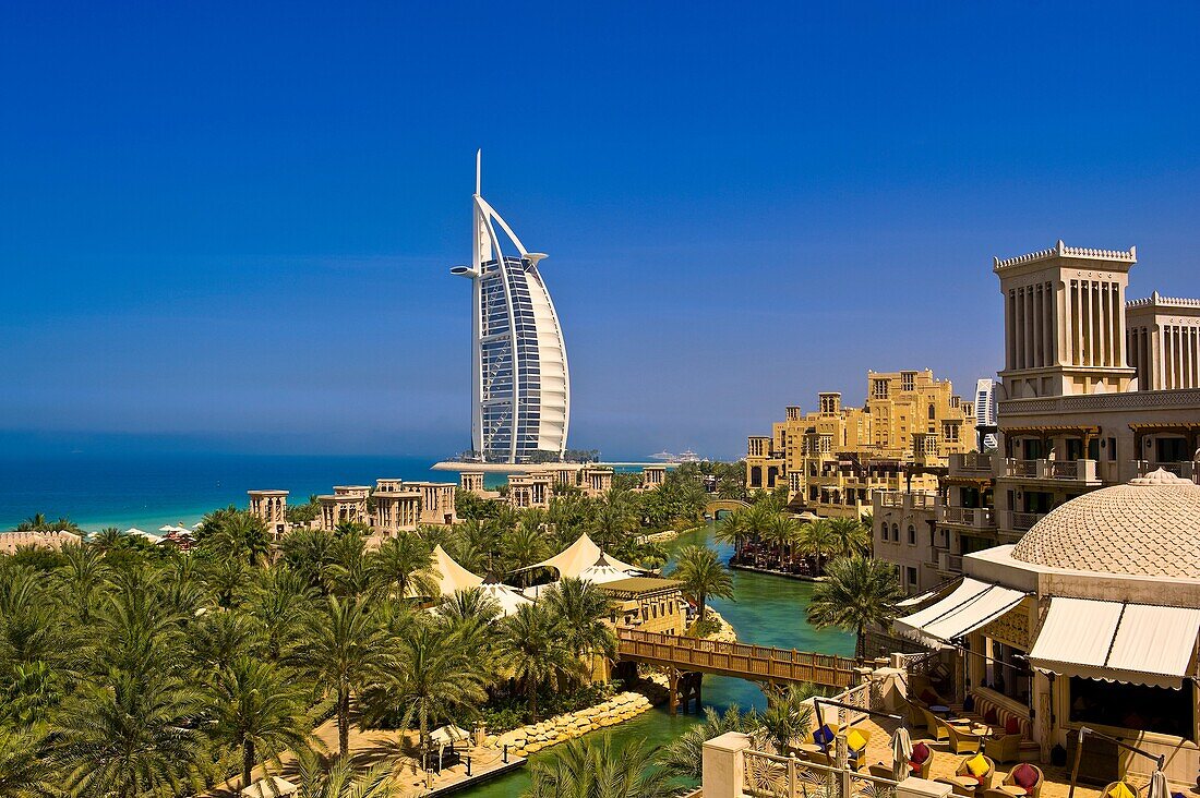 View from the Al Qasr Hotel, part of the Madinat Jumeirah resort complex, to the Burj al Arab Hotel, Dubai, United Arab Emirates