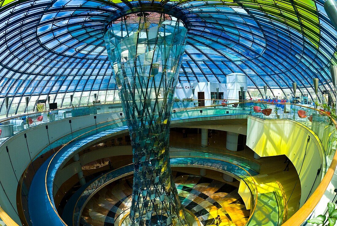 The Rose Cafe, at the top of an atrium with a glass sculpture in the center and topped by a stained glass dome, Wafi City Mall an Egptian themed mall, Dubai, United Arab Emirates