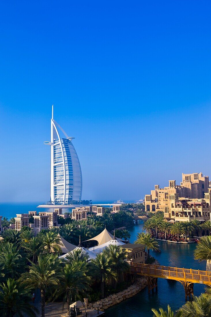 View from the Al Qasr Hotel, part of the Madinat Jumeirah resort complex, with the Burj al Arab Hotel in the background, Dubai, United Arab Emirates