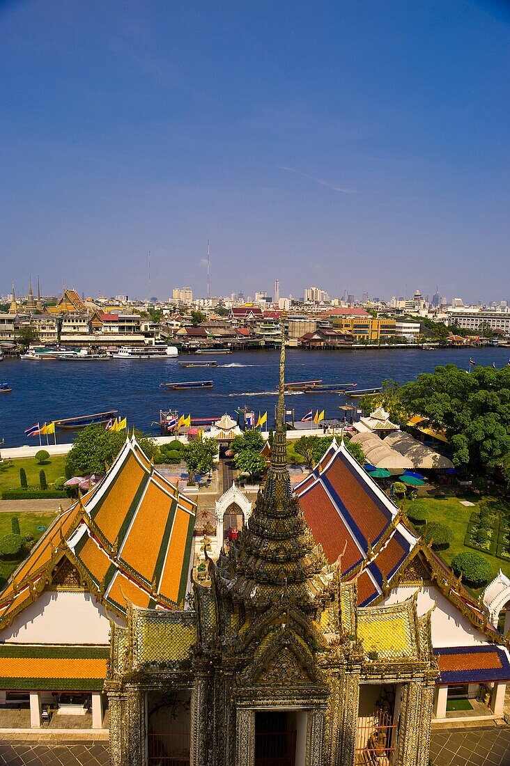 View of the Chao Phraya River from Wat Arun the Temple of Dawn, Bangkok, Thailand