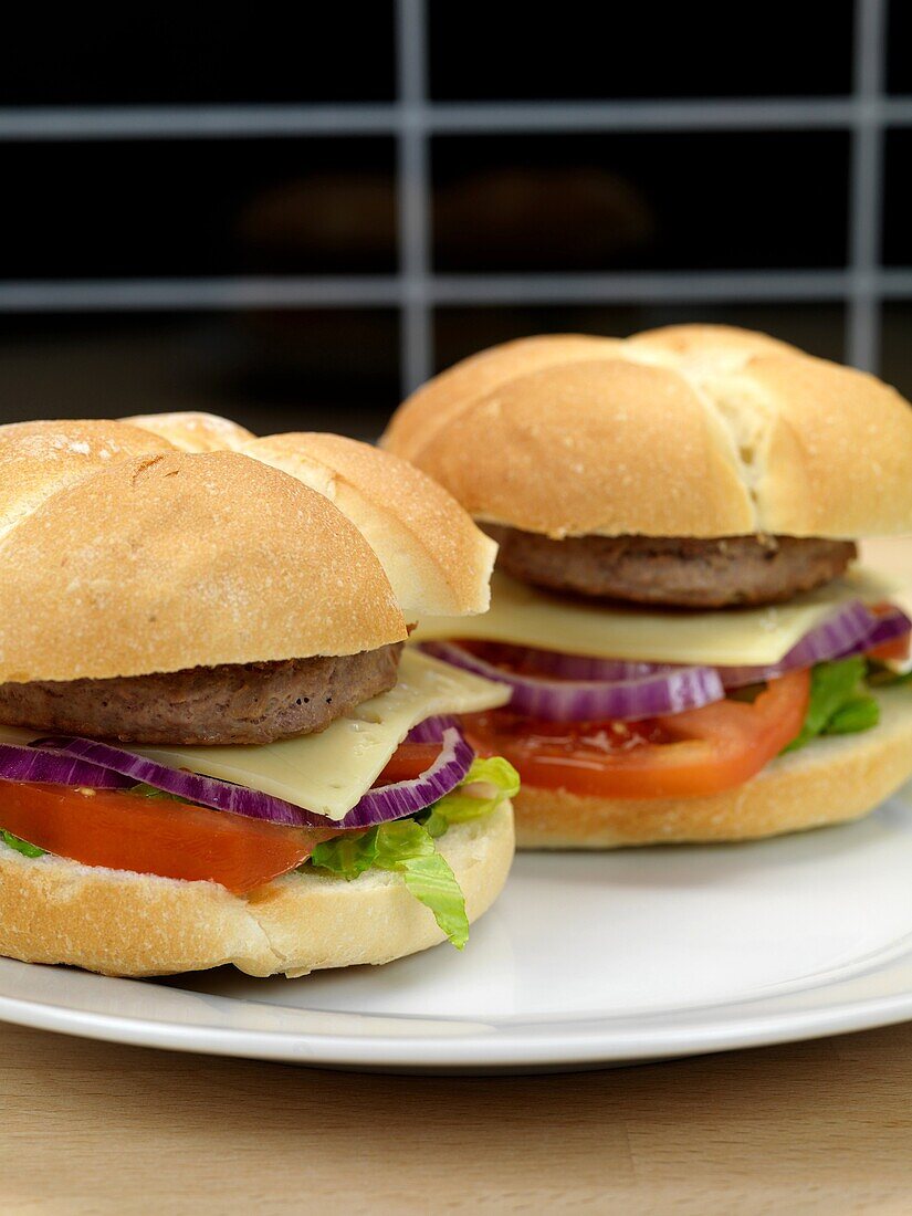 A freshly made American style hamburger with sauce