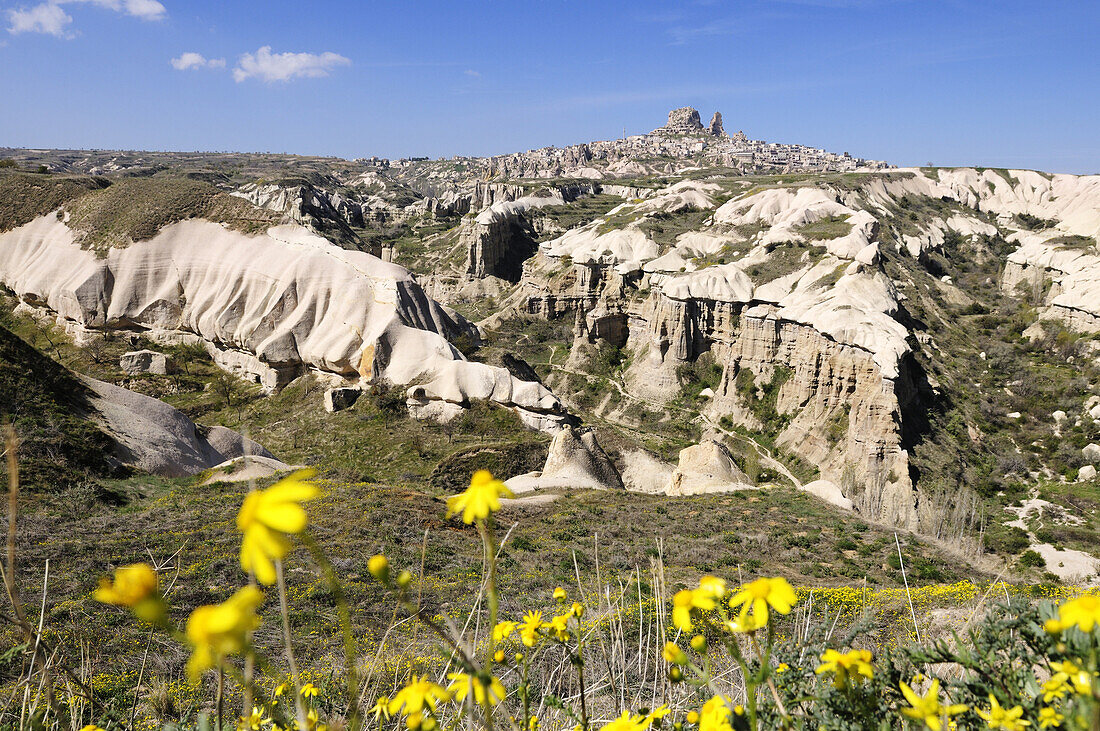 Mountain bikers near Uchisar, Göreme valley, Göreme, Cappadocia, Turkey