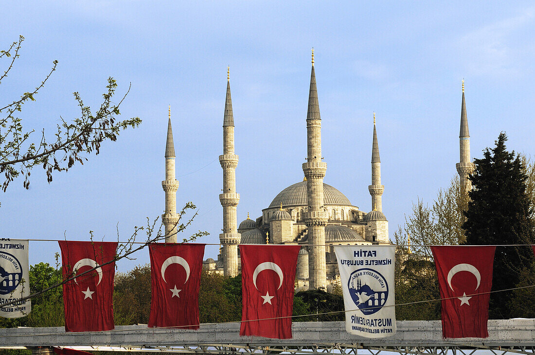 Blue mosque, turkish flags, Istanbul, Turkey