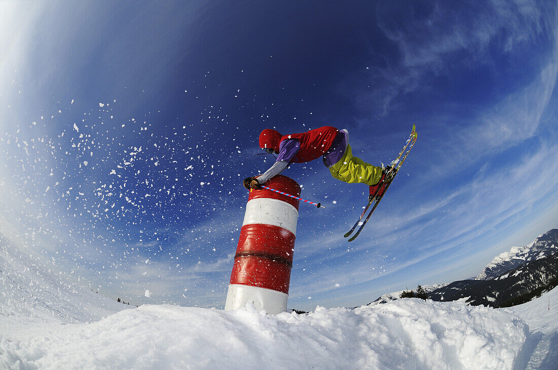 View at skier during jump, Reit im Winkl, Chiemgau, Upper Bavaria, Bavaria, Germany, Europe