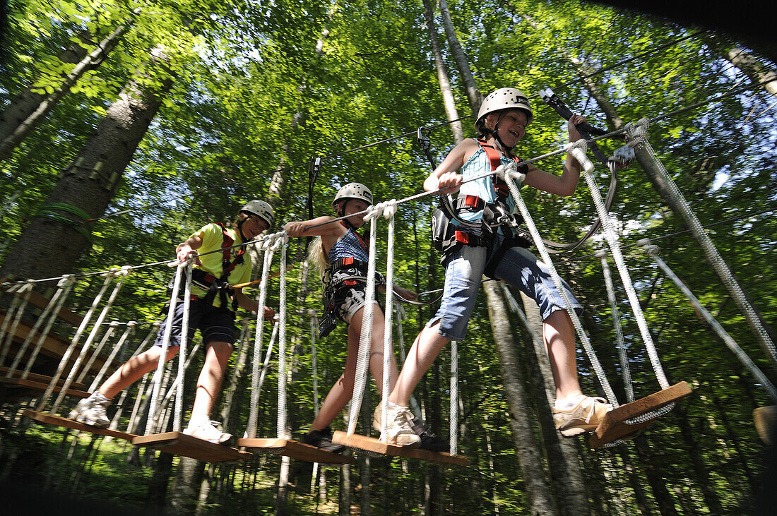 Children at high ropes course at Maserer Pass, Reit im Winkl, Chiemgau, Upper Bavaria, Bavaria, Germany, Europe