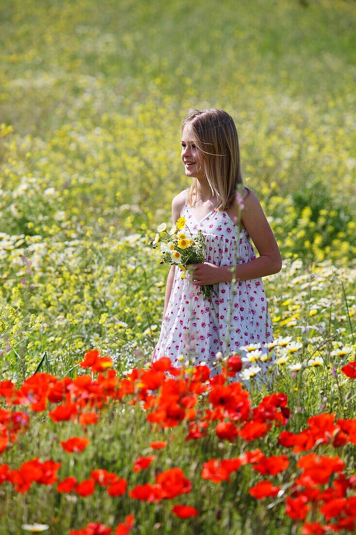 Female, field, flower, girl, spring, young