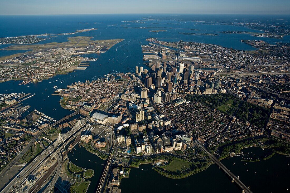 aerial view, Boston, MA 3000 ft, charles river bottom, Zakim Bridge left