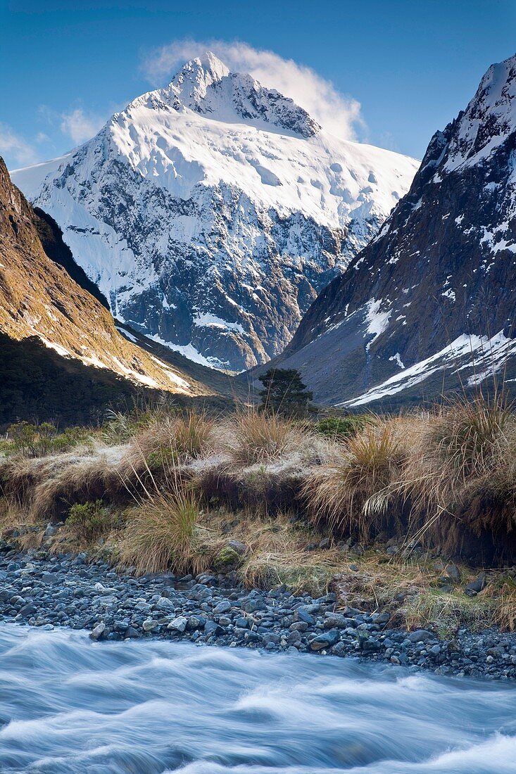 Mt Talbot under winter snow, Hollyford River near Homer tunnel, Fiordland National Park, World Heritage, New Zealand