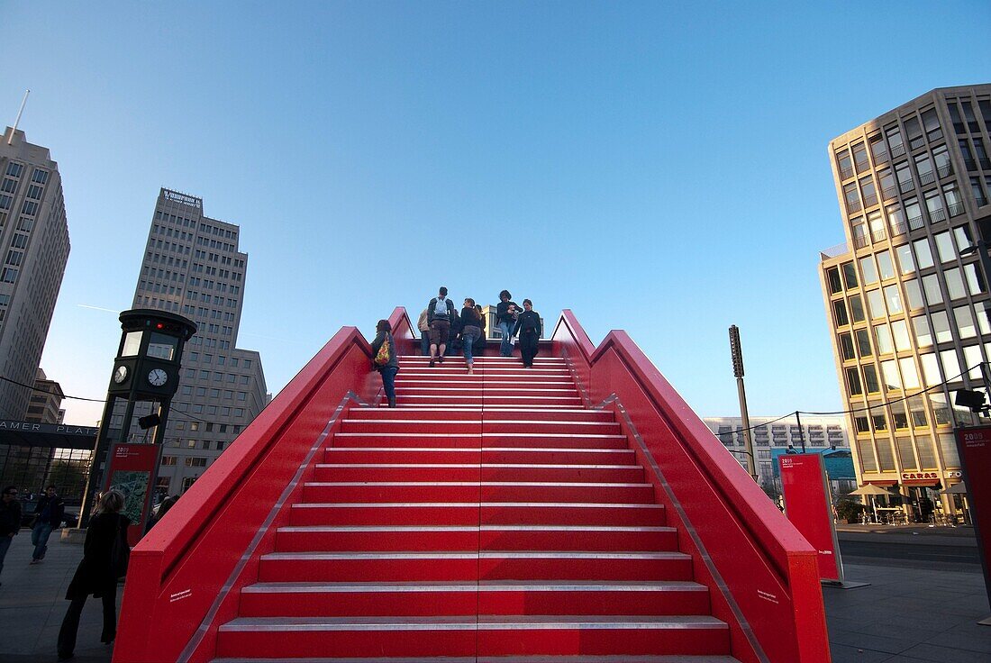 Architecture, Berlin, Color, Contemporary, Germany, Horizontal, Potsdamerplatz, Red, Sky, Square, Stairs, Tower, K08-1031962, agefotostock