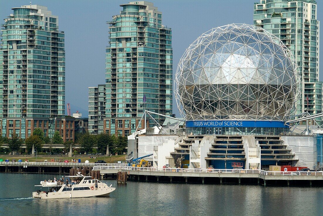 view of False Creek and Telus World of Science, Vancouver, BC, Canada from Canada House, at the Millenium project, the former Vancouver Olympic Village