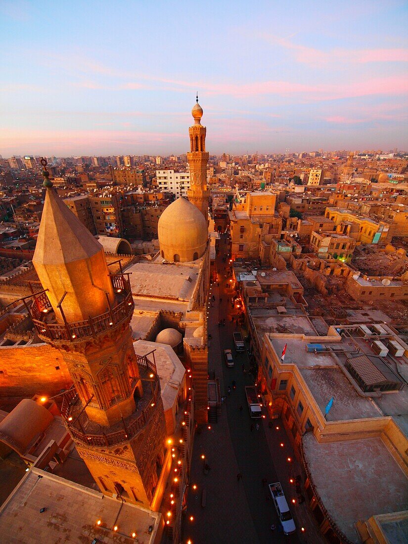 Madrasa Mausoleum of Al Nasir Mohamed, Al Mu'izz historic street & city view, Cairo, Egypt