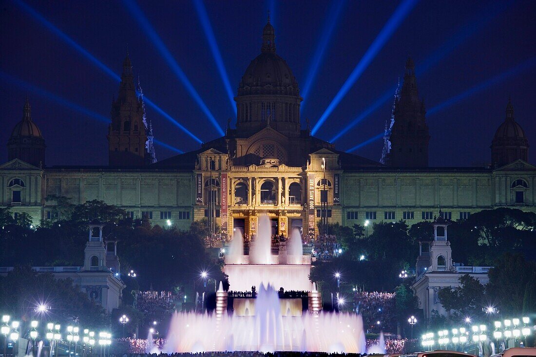 Palau Nacional and Magic fountain at Montjuich, Barcelona, Catalonia, Spain