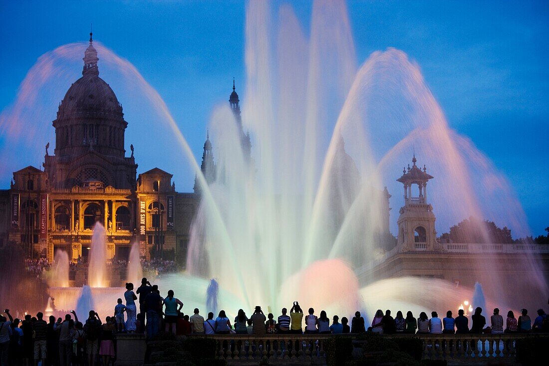 Palau Nacional and Magic fountain at Montjuich, Barcelona, Catalonia, Spain