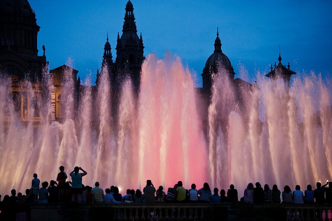 Palau Nacional and Magic fountain at Montjuich, Barcelona, Catalonia, Spain