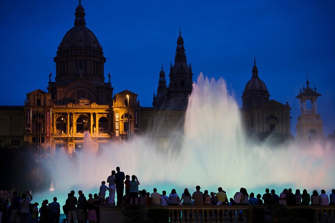 Palau Nacional and Magic fountain at Montjuich, Barcelona, Catalonia, Spain