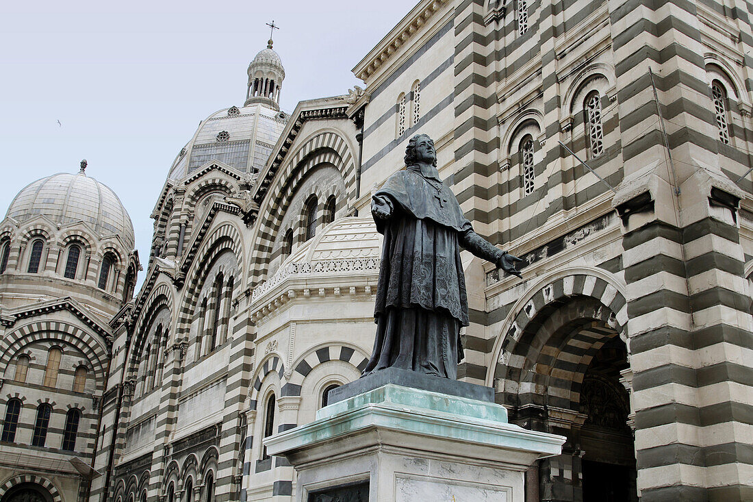 Statue Of Monseigneur De Belsunce, Bishop Of Marseille During The Plague Of 1720, In Front Of The La Major Cathedral Or Sainte-Marie-Majeure Basilica, Marseille, Bouches-Du-Rhone (13), France