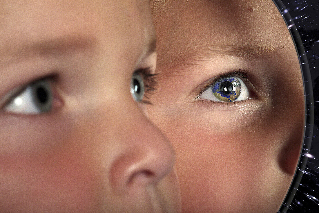 Reflection Of The Earth In A Child's Eye Seen In A Mirror, Illustration Of An Impossible Life On Earth, Photo Exhibition 'Fragile Earth' Presented By The Association 'L'Effet Colibri' France