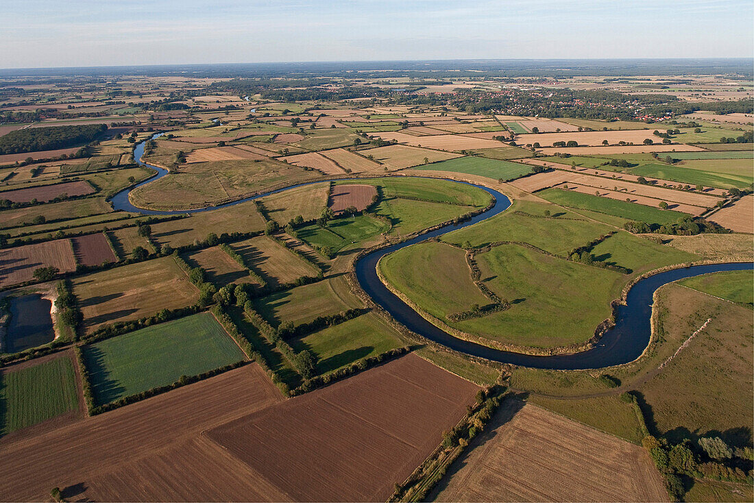 Aerial shot of meander of river Aller river near Verden, Lower Saxony, Germany