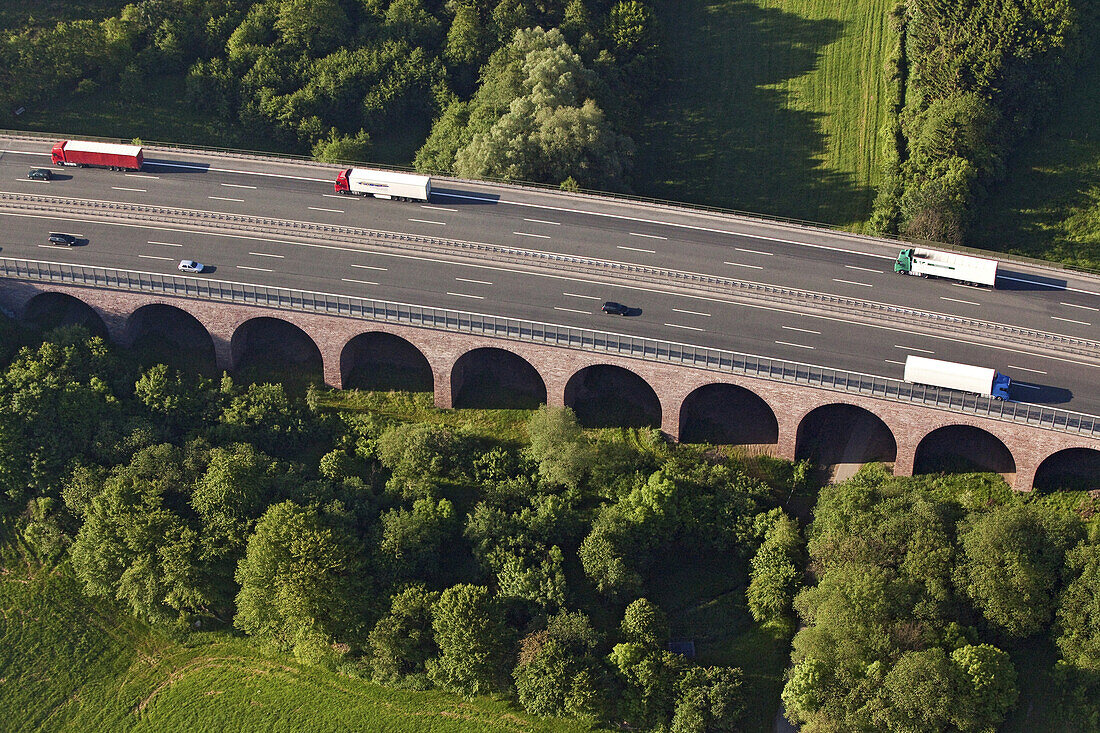 Aerial photo of a German motorway bridge, Autobahn bridge, A2, near Bückeburg, Lower Saxony, Germany