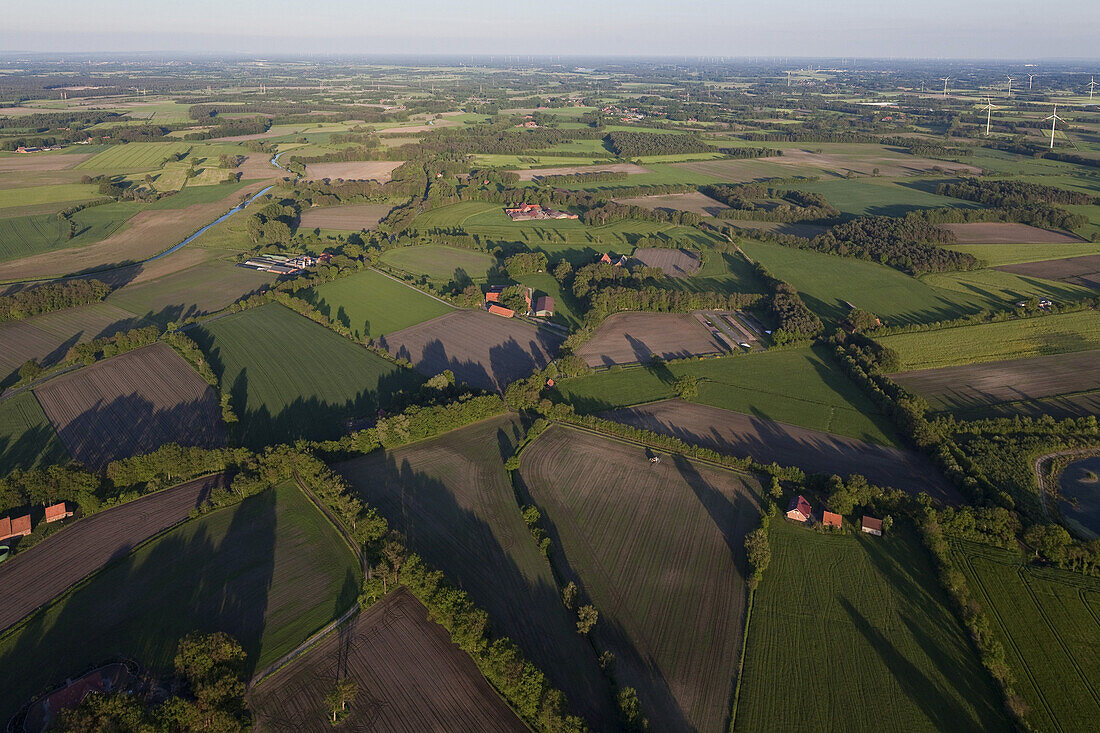 Aerial view of typical North German landscape with hedged fields and farm crops, Lower Saxony, Germany