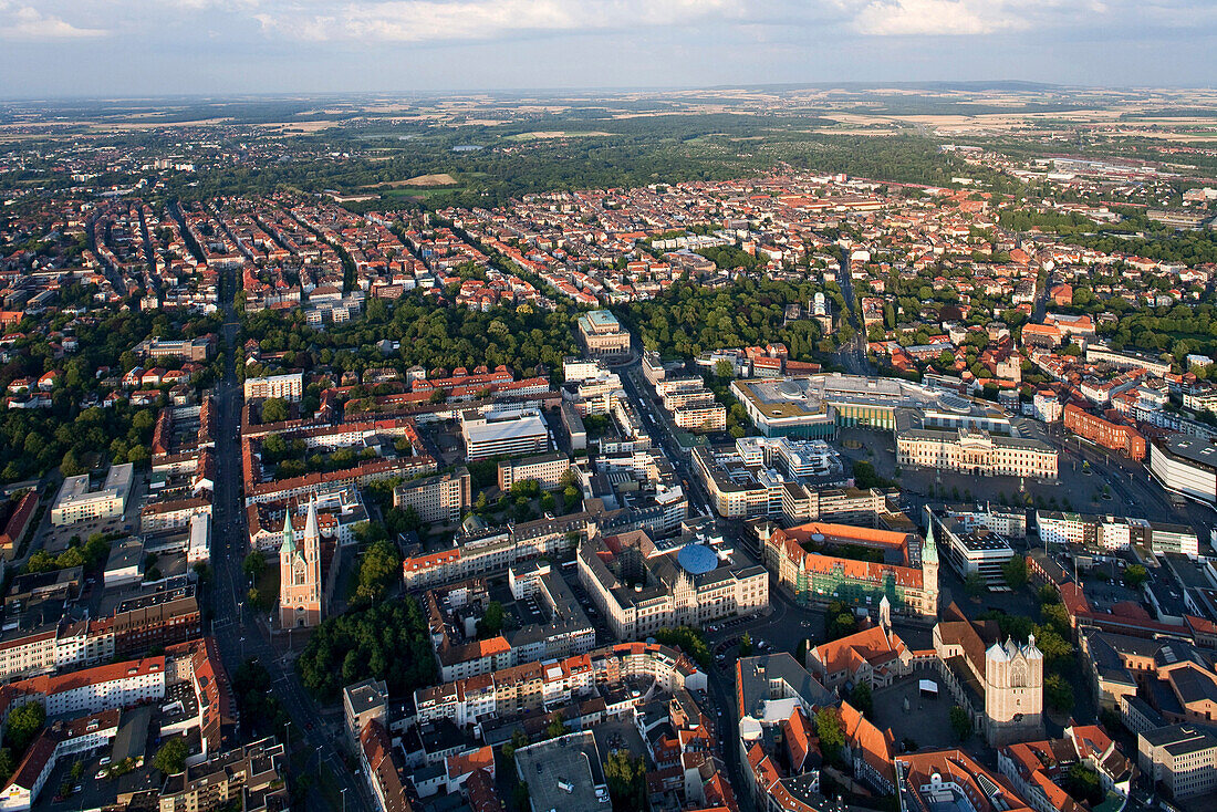 Aerial shot of old town with cathedral, castle and St. Catherine's Church, Brunswick, Lower Saxony, Germany