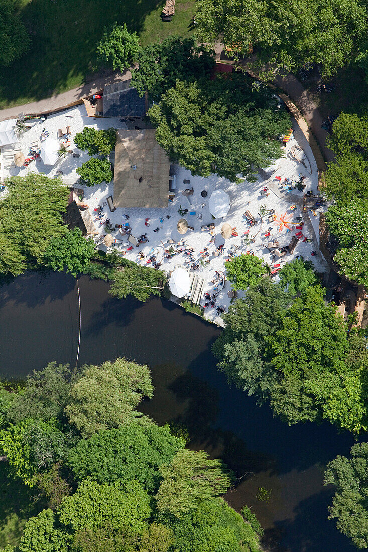 Aerial shot of of a lido at river Oker, Brunswick, Lower Saxony, Germany