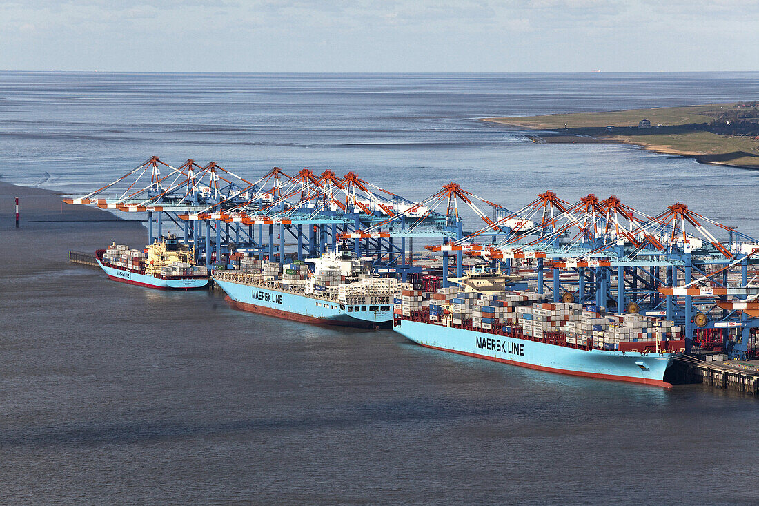Aerial view of the container port with loading cranes and container ships, terminal, Bremerhaven, Bremen, Germany